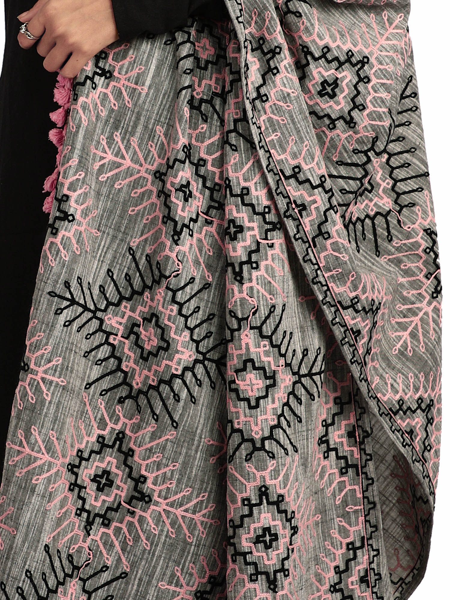 Premium Grey Tribal Aari Embrodiered Slub Handloom Cotton Shawl/Dupatta With Baby Pink Cotton Lace _MF1604
