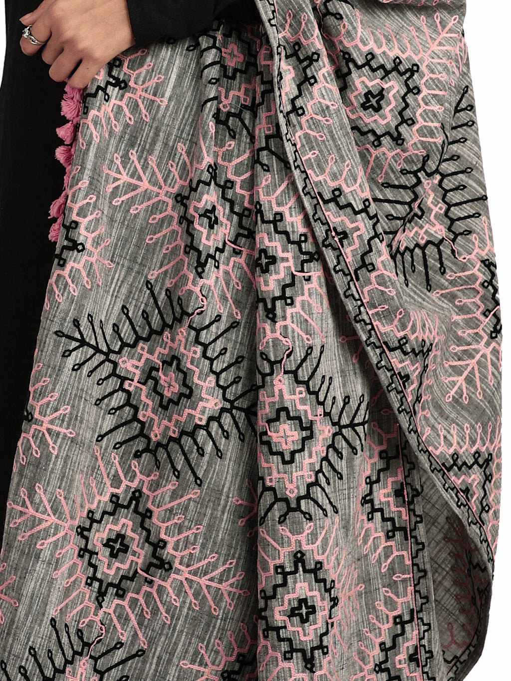 Premium Grey Tribal Aari Embrodiered Slub Handloom Cotton Shawl/Dupatta With Baby Pink Cotton Lace _MF1604