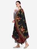 Premium Black Kashmiri Motif Aari Embroidered Handloom Cotton Shawl/Dupatta With  Crimson Red Cotton Tassel_MF1605