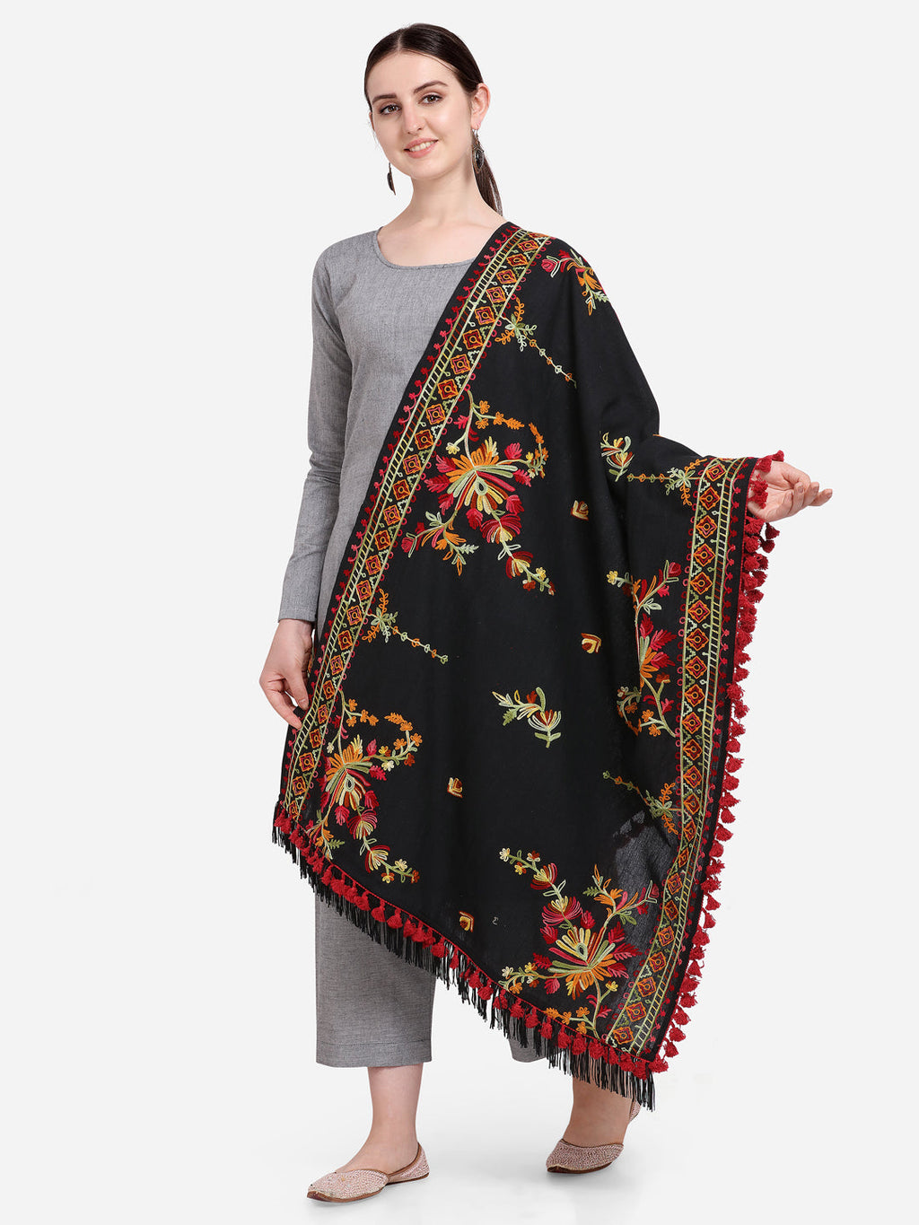 Premium Black Kashmiri Motif Aari Embroidered Handloom Cotton Shawl/Dupatta With  Crimson Red Cotton Tassel_MF1605