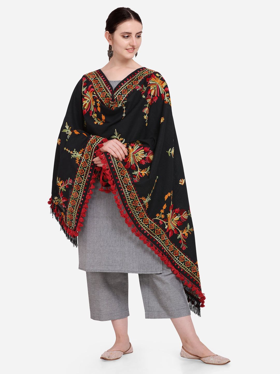 Premium Black Kashmiri Motif Aari Embroidered Handloom Cotton Shawl/Dupatta With  Crimson Red Cotton Tassel_MF1605