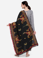Premium Black Kashmiri Motif Aari Embroidered Handloom Cotton Shawl/Dupatta With  Crimson Red Cotton Tassel_MF1605