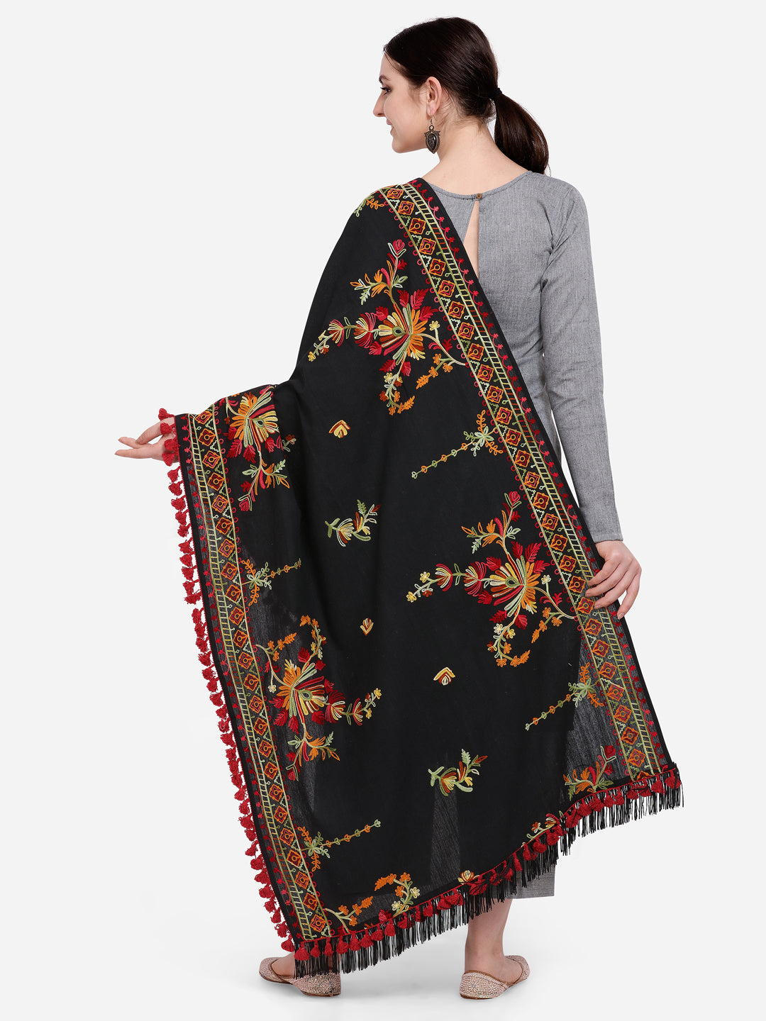 Premium Black Kashmiri Motif Aari Embroidered Handloom Cotton Shawl/Dupatta With  Crimson Red Cotton Tassel_MF1605