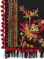 Premium Black Kashmiri Motif Aari Embroidered Handloom Cotton Shawl/Dupatta With  Crimson Red Cotton Tassel_MF1605