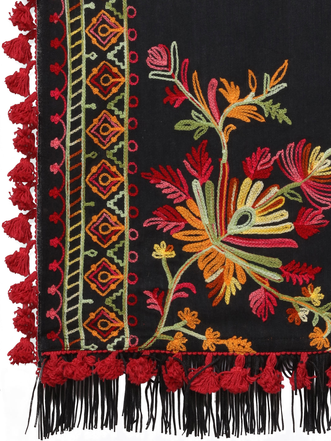 Premium Black Kashmiri Motif Aari Embroidered Handloom Cotton Shawl/Dupatta With  Crimson Red Cotton Tassel_MF1605