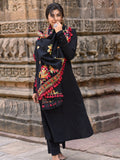 Premium Black Kashmiri Motif Aari Embroidered Handloom Cotton Shawl/Dupatta With  Crimson Red Cotton Tassel_MF1605
