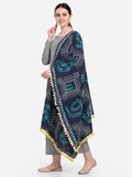 Premium Navy Blue Warli Tribal Motif Aari Embroidered Handloom Cotton Shawl/Dupatta With  Kaccha Tassel Lace _MF1606