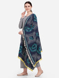 Premium Navy Blue Warli Tribal Motif Aari Embroidered Handloom Cotton Shawl/Dupatta With  Kaccha Tassel Lace _MF1606