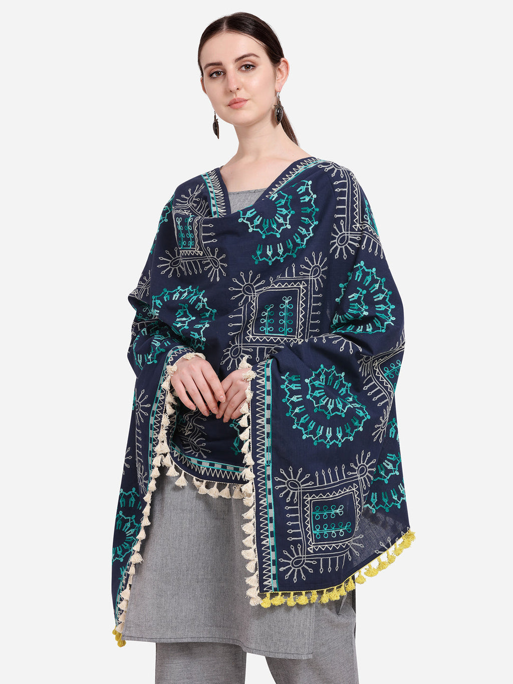 Premium Navy Blue Warli Tribal Motif Aari Embroidered Handloom Cotton Shawl/Dupatta With  Kaccha Tassel Lace _MF1606