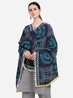 Premium Navy Blue Warli Tribal Motif Aari Embroidered Handloom Cotton Shawl/Dupatta With  Kaccha Tassel Lace _MF1606