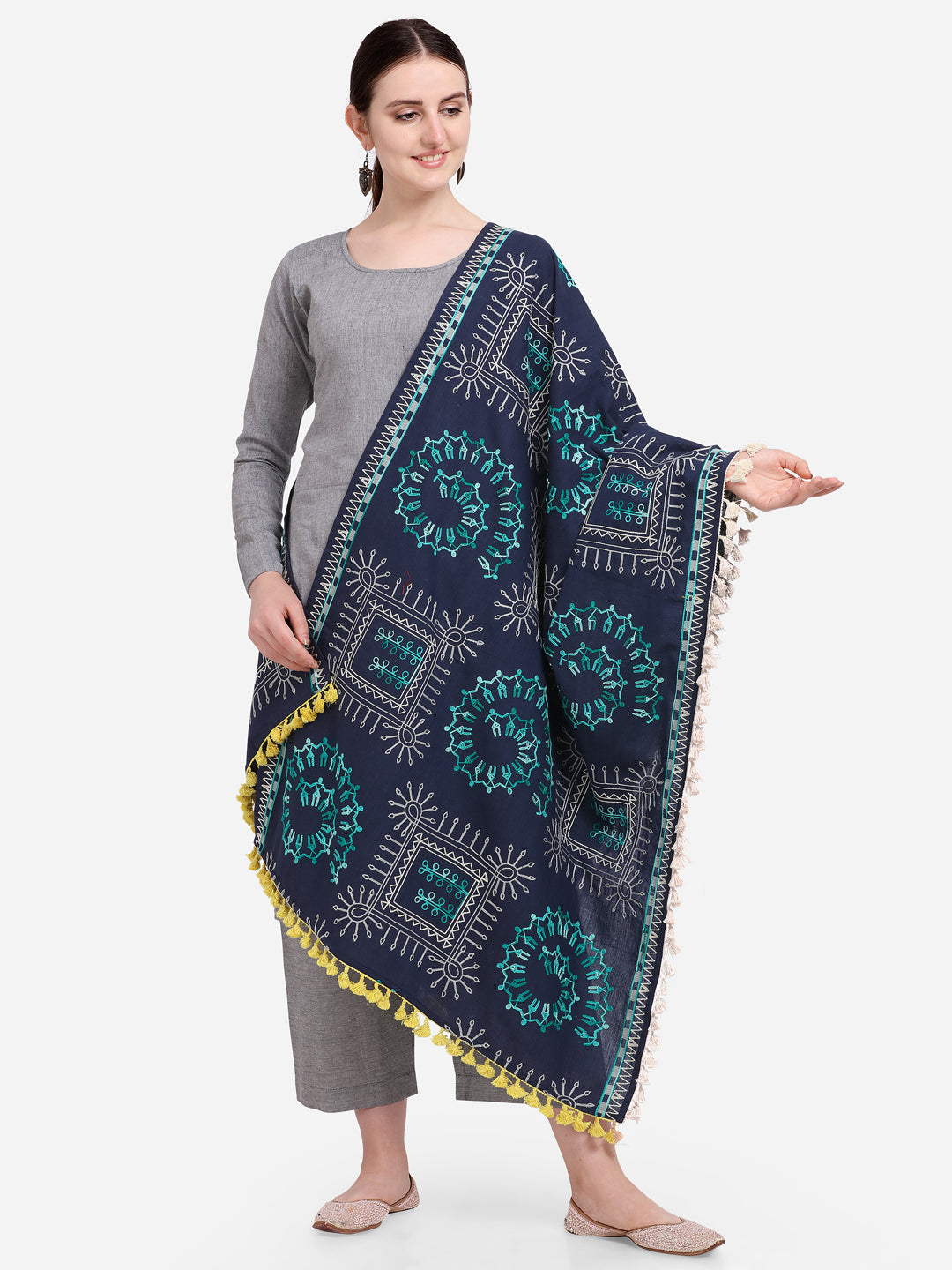 Premium Navy Blue Warli Tribal Motif Aari Embroidered Handloom Cotton Shawl/Dupatta With  Kaccha Tassel Lace _MF1606