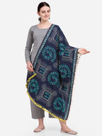 Premium Navy Blue Warli Tribal Motif Aari Embroidered Handloom Cotton Shawl/Dupatta With  Kaccha Tassel Lace _MF1606