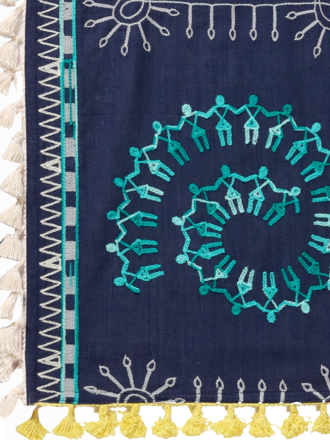 Premium Navy Blue Warli Tribal Motif Aari Embroidered Handloom Cotton Shawl/Dupatta With  Kaccha Tassel Lace _MF1606