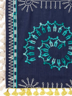 Premium Navy Blue Warli Tribal Motif Aari Embroidered Handloom Cotton Shawl/Dupatta With  Kaccha Tassel Lace _MF1606