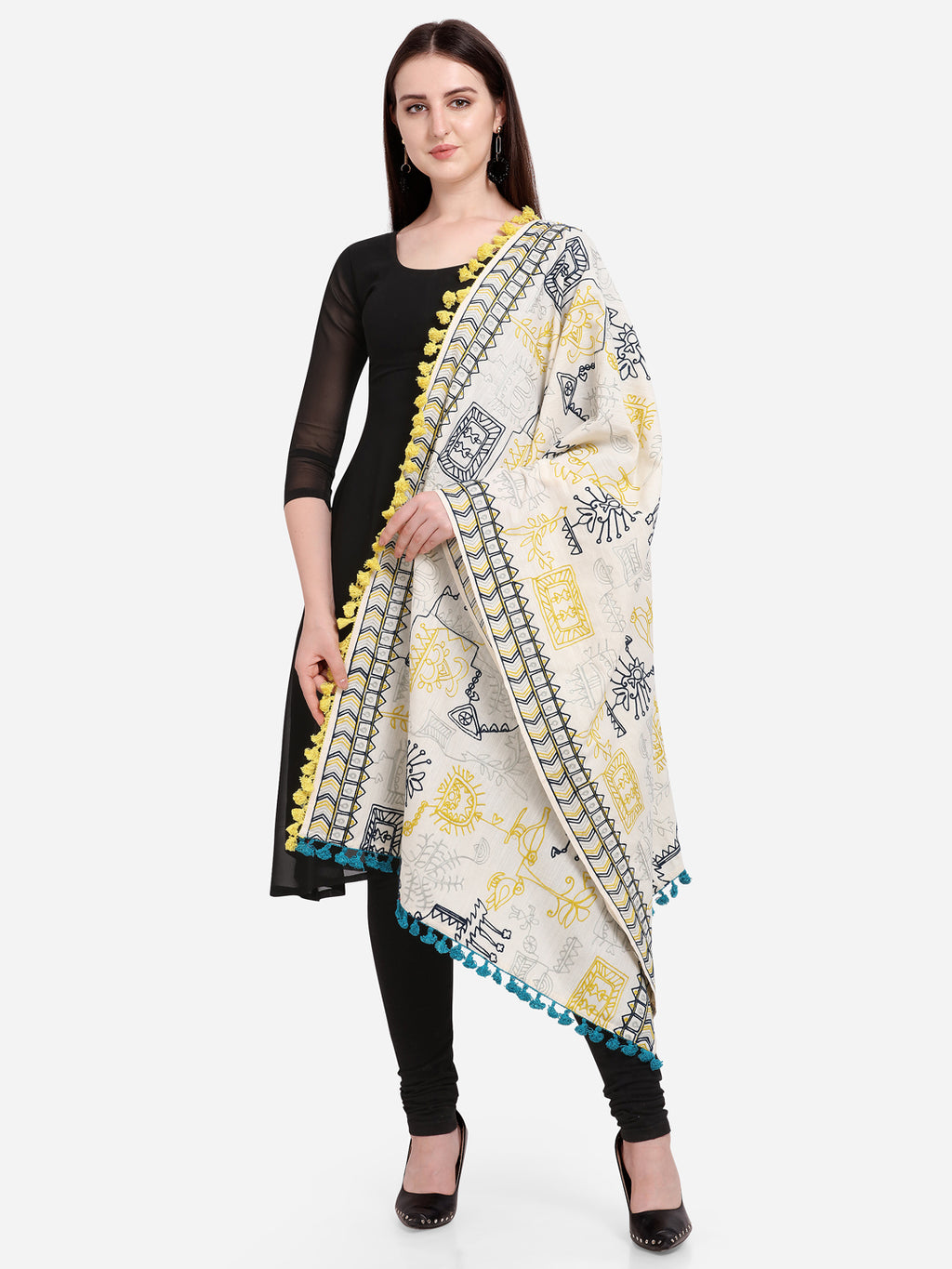 Premium White Tribal Motif Aari Embroidered Handloom Cotton Shawl/Dupatta With Lemon Tassel Lace_MF1607