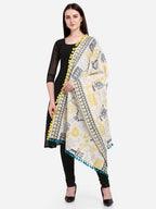 Premium White Tribal Motif Aari Embroidered Handloom Cotton Shawl/Dupatta With Lemon Tassel Lace_MF1607