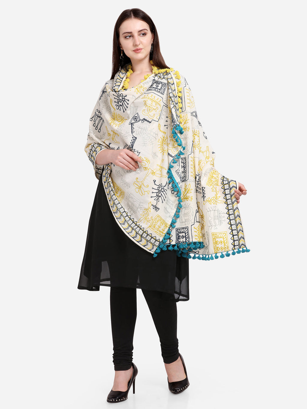 Premium White Tribal Motif Aari Embroidered Handloom Cotton Shawl/Dupatta With Lemon Tassel Lace_MF1607