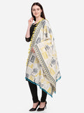 Premium White Tribal Motif Aari Embroidered Handloom Cotton Shawl/Dupatta With Lemon Tassel Lace_MF1607