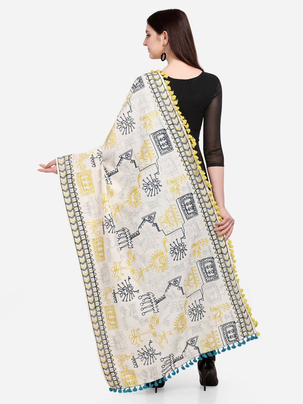 Premium White Tribal Motif Aari Embroidered Handloom Cotton Shawl/Dupatta With Lemon Tassel Lace_MF1607