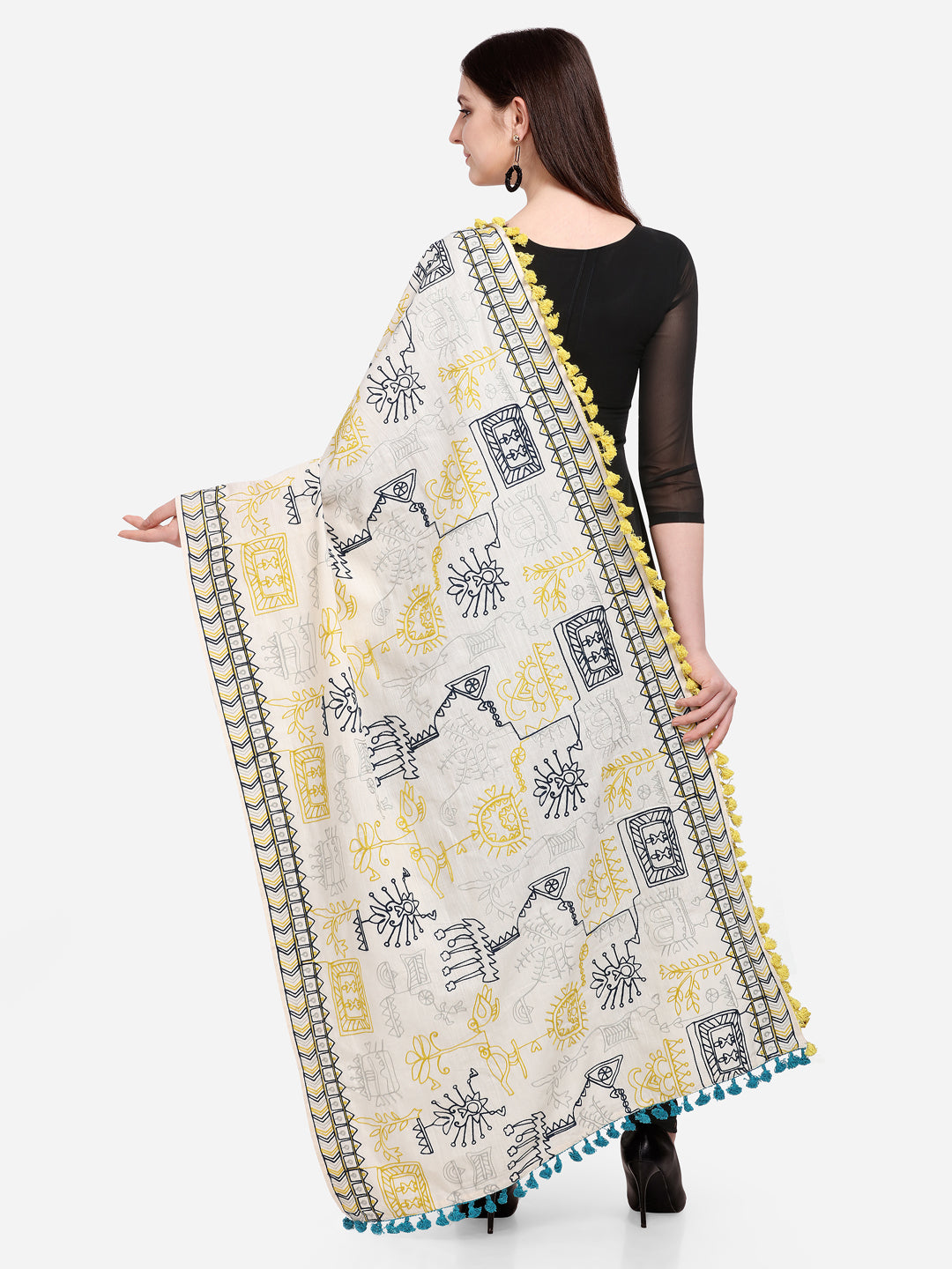Premium White Tribal Motif Aari Embroidered Handloom Cotton Shawl/Dupatta With Lemon Tassel Lace_MF1607