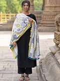 Premium White Tribal Motif Aari Embroidered Handloom Cotton Shawl/Dupatta With Lemon Tassel Lace_MF1607