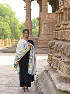 Premium White Tribal Motif Aari Embroidered Handloom Cotton Shawl/Dupatta With Lemon Tassel Lace_MF1607