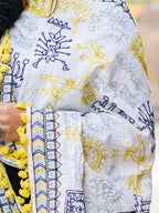 Premium White Tribal Motif Aari Embroidered Handloom Cotton Shawl/Dupatta With Lemon Tassel Lace_MF1607