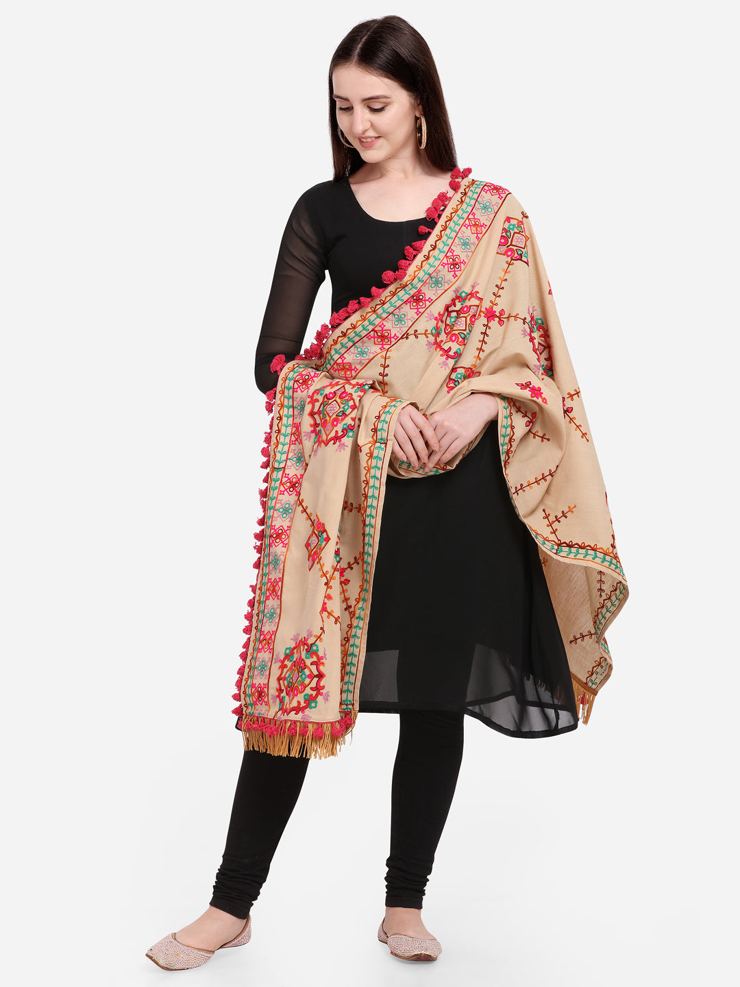 Premium Beige Floral Motifs Aari Heavily Embroidered Handloom Cotton Shawl/Dupatta With  Rani Tassel Lace _MF1608