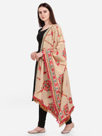 Premium Beige Floral Motifs Aari Heavily Embroidered Handloom Cotton Shawl/Dupatta With  Rani Tassel Lace _MF1608