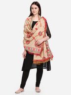 Premium Beige Floral Motifs Aari Heavily Embroidered Handloom Cotton Shawl/Dupatta With  Rani Tassel Lace _MF1608