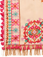 Premium Beige Floral Motifs Aari Heavily Embroidered Handloom Cotton Shawl/Dupatta With  Rani Tassel Lace _MF1608