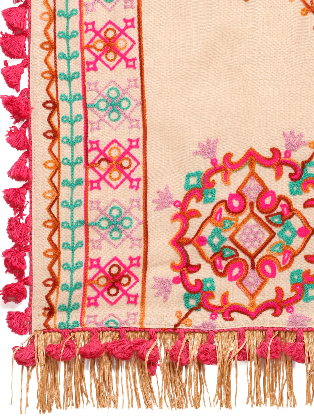 Premium Beige Floral Motifs Aari Heavily Embroidered Handloom Cotton Shawl/Dupatta With  Rani Tassel Lace _MF1608