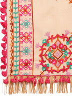 Premium Beige Floral Motifs Aari Heavily Embroidered Handloom Cotton Shawl/Dupatta With  Rani Tassel Lace _MF1608