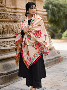 Premium Beige Floral Motifs Aari Heavily Embroidered Handloom Cotton Shawl/Dupatta With  Rani Tassel Lace _MF1608