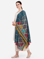 Premium Turqoise Blue Multi colour Asri heavily Embroidered Handloom Cotton Shawl/Dupatta With  Yellow Tassel Lace_MF1609