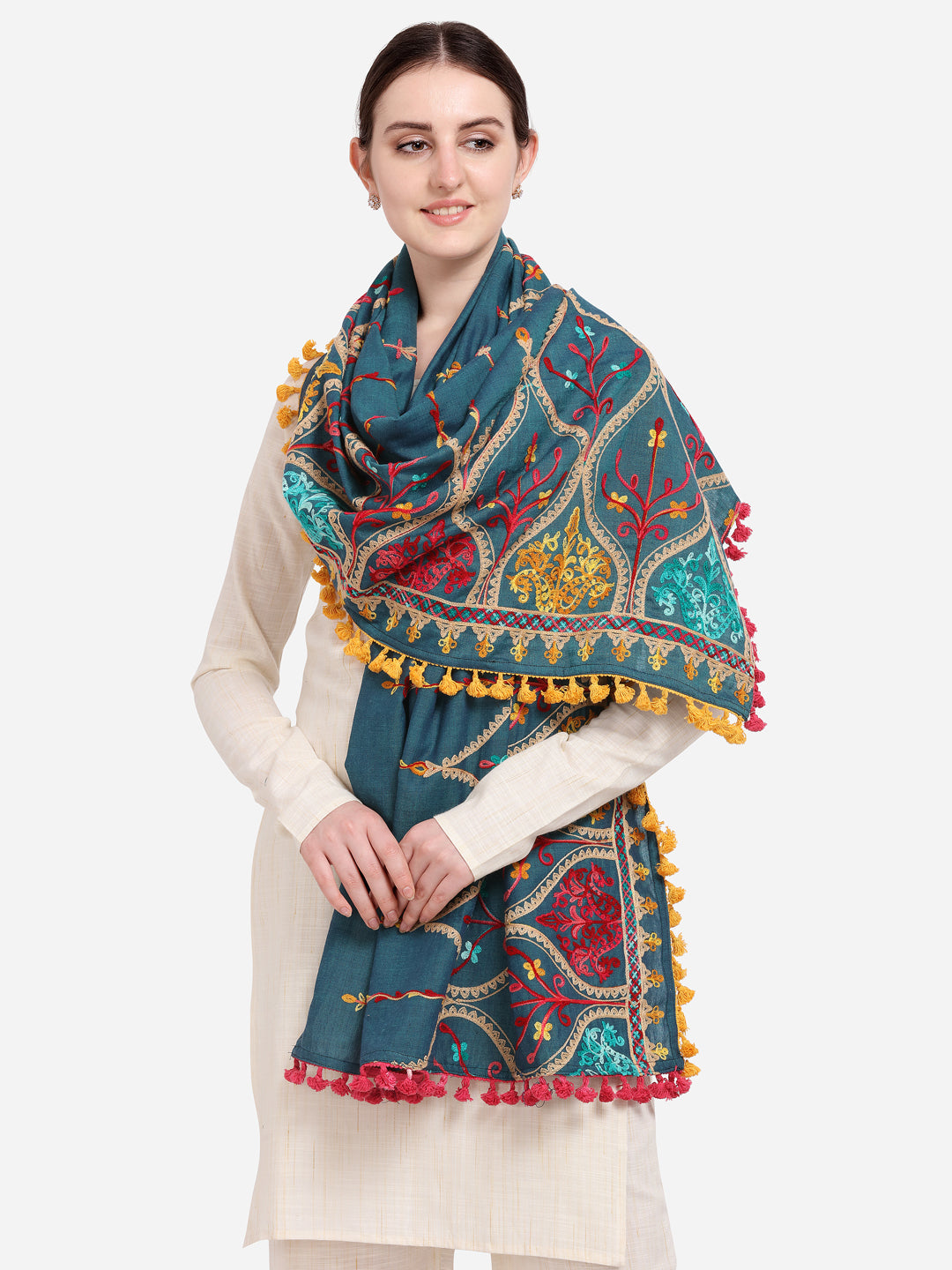 Premium Turqoise Blue Multi colour Asri heavily Embroidered Handloom Cotton Shawl/Dupatta With  Yellow Tassel Lace_MF1609