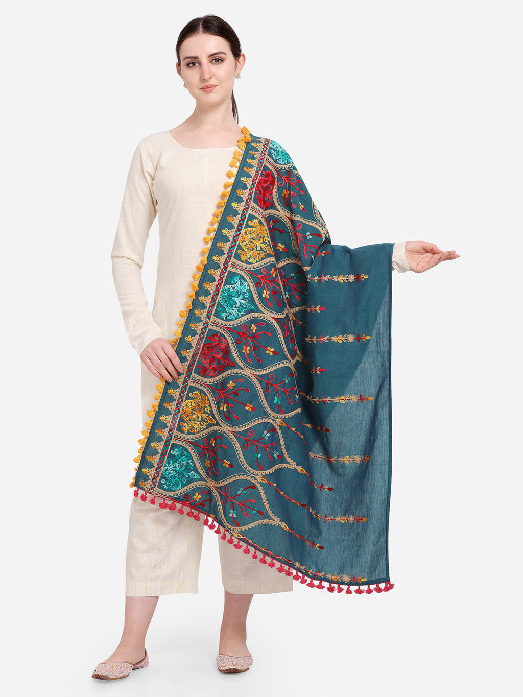 Premium Turqoise Blue Multi colour Asri heavily Embroidered Handloom Cotton Shawl/Dupatta With  Yellow Tassel Lace_MF1609