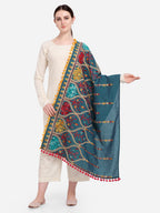 Premium Turqoise Blue Multi colour Asri heavily Embroidered Handloom Cotton Shawl/Dupatta With  Yellow Tassel Lace_MF1609