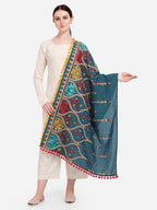 Premium Turqoise Blue Multi colour Asri heavily Embroidered Handloom Cotton Shawl/Dupatta With  Yellow Tassel Lace_MF1609