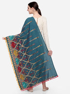 Premium Turqoise Blue Multi colour Asri heavily Embroidered Handloom Cotton Shawl/Dupatta With  Yellow Tassel Lace_MF1609