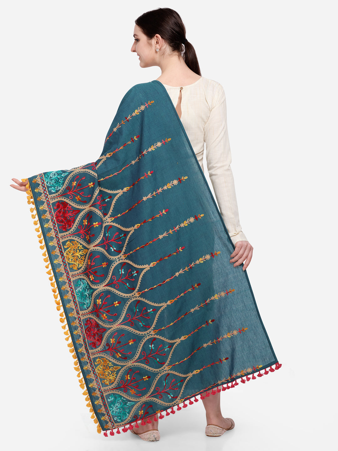 Premium Turqoise Blue Multi colour Asri heavily Embroidered Handloom Cotton Shawl/Dupatta With  Yellow Tassel Lace_MF1609