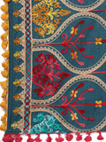 Premium Turqoise Blue Multi colour Asri heavily Embroidered Handloom Cotton Shawl/Dupatta With  Yellow Tassel Lace_MF1609