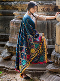 Premium Turqoise Blue Multi colour Asri heavily Embroidered Handloom Cotton Shawl/Dupatta With  Yellow Tassel Lace_MF1609