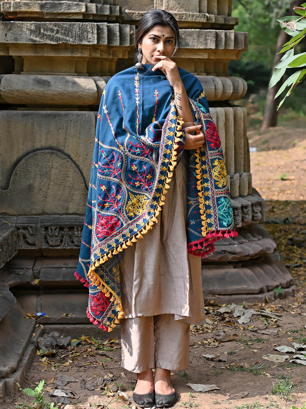 Premium Turqoise Blue Multi colour Asri heavily Embroidered Handloom Cotton Shawl/Dupatta With  Yellow Tassel Lace_MF1609