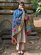 Premium Turqoise Blue Multi colour Asri heavily Embroidered Handloom Cotton Shawl/Dupatta With  Yellow Tassel Lace_MF1609
