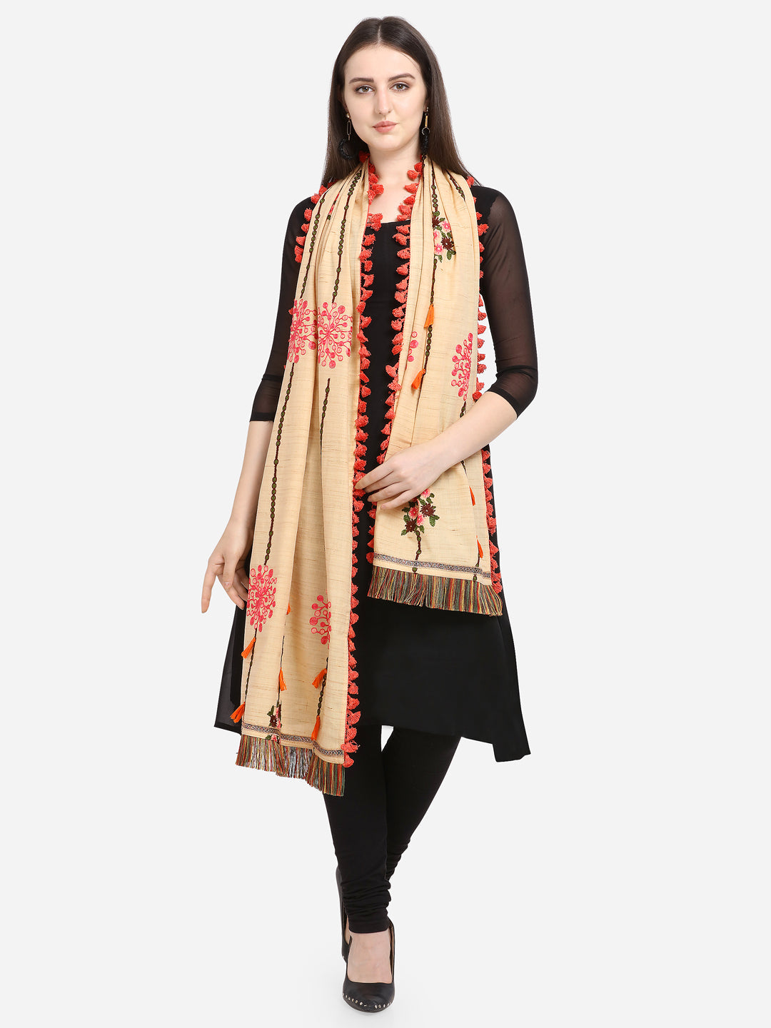 Premium Beige Slub Handloom Cotton Floral Embroidered festive Dupatta _MF7002