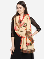Premium Beige Slub Handloom Cotton Floral Embroidered festive Dupatta _MF7002