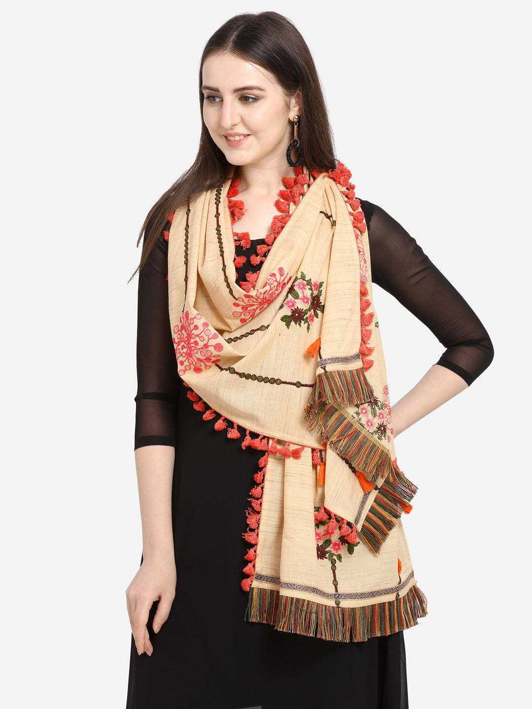 Premium Beige Slub Handloom Cotton Floral Embroidered festive Dupatta _MF7002