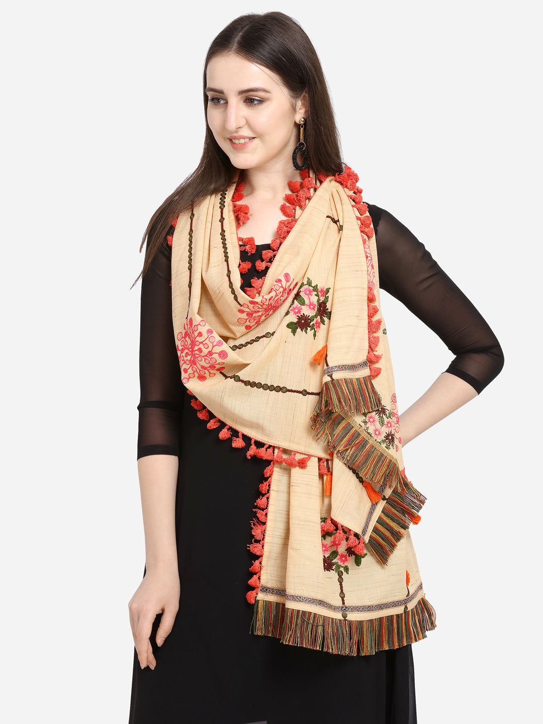Premium Beige Slub Handloom Cotton Floral Embroidered festive Dupatta _MF7002