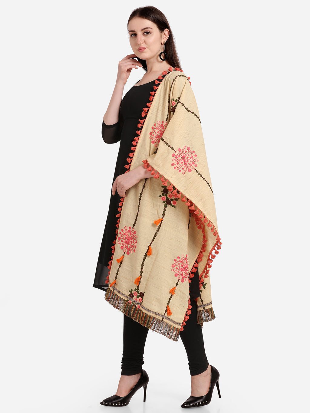 Premium Beige Slub Handloom Cotton Floral Embroidered festive Dupatta _MF7002